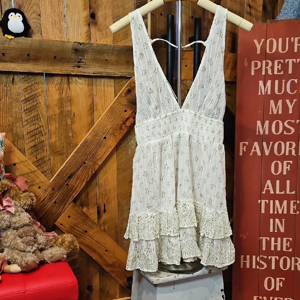 Free People Cream Floral Lace Tiered Mini Dress